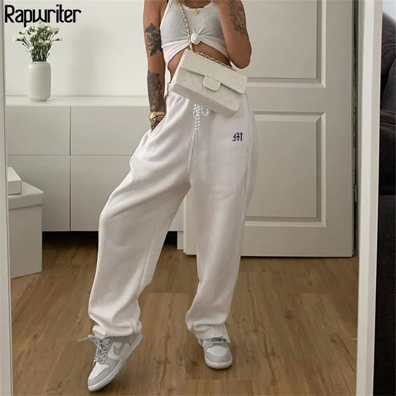 Rapwriter Streetwear Drawstring Embroidery Side Zipper White Sweatpants Jogger Women Harajuku Wide Trousers Hip Hop Pants s 210925