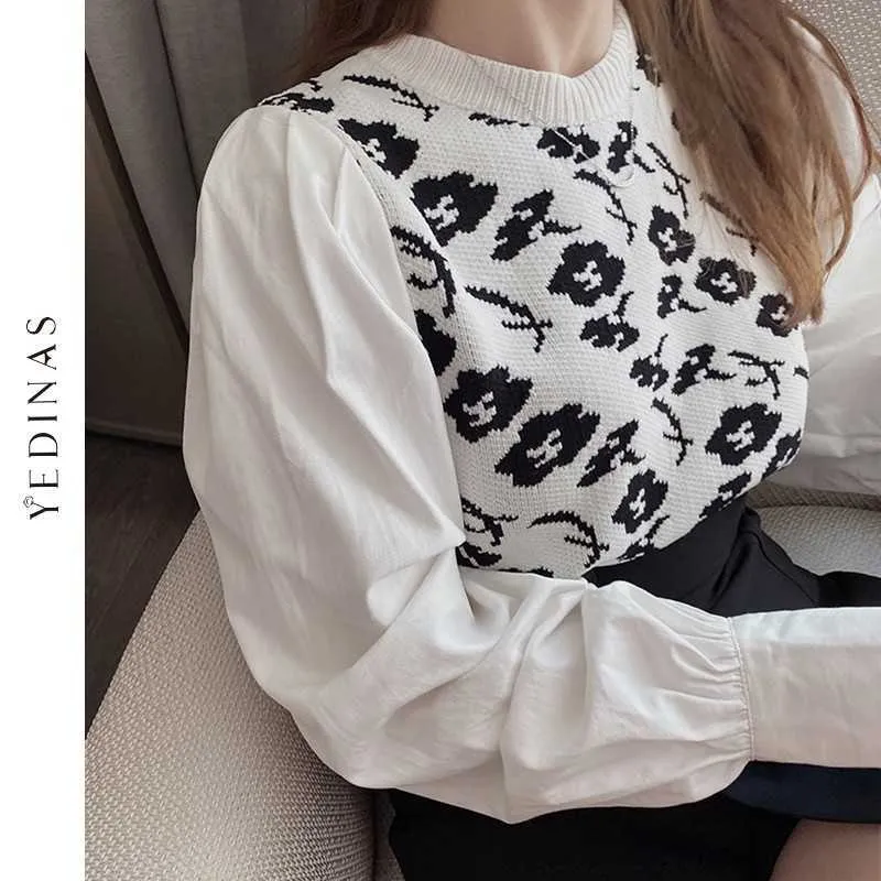 Yedinas Autumn Puff Sleeve Sweater Women Vintage Female Jumper Korean Style Sweet Pullover White Sweaters Patchwork Tops 210527