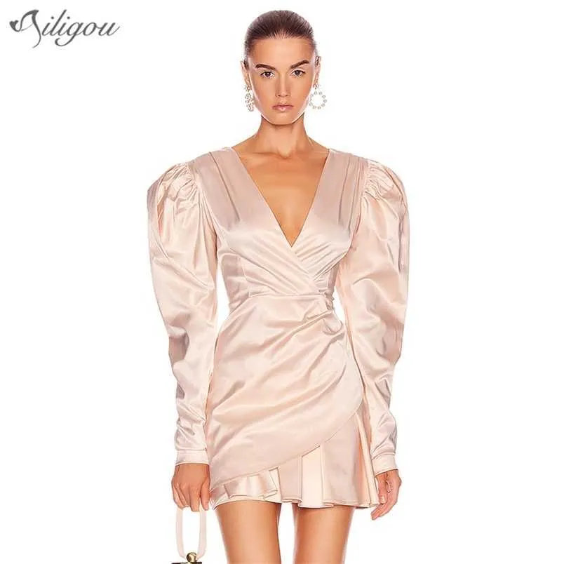 Högkvalitativ Rosa Sexig Deep V Neck Full Sleeve Elegant Mini Dress Kvinnors Lotus Leaf Fold Celebrity Party 210525