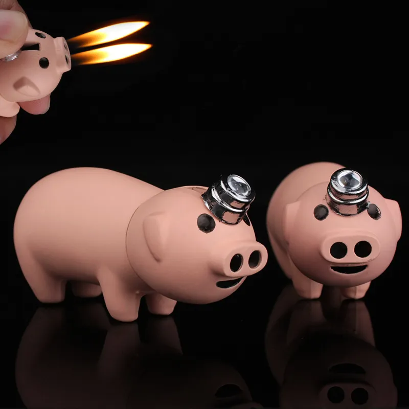 Neues, kreatives, kompaktes Little Piggy Jet-Feuerzeug, Butan-Schwein, aufgeblasen, Doppeldüsen, kostenloses Feueranzünder-Bar, Metall, lustiges Spielzeug, kein Gas