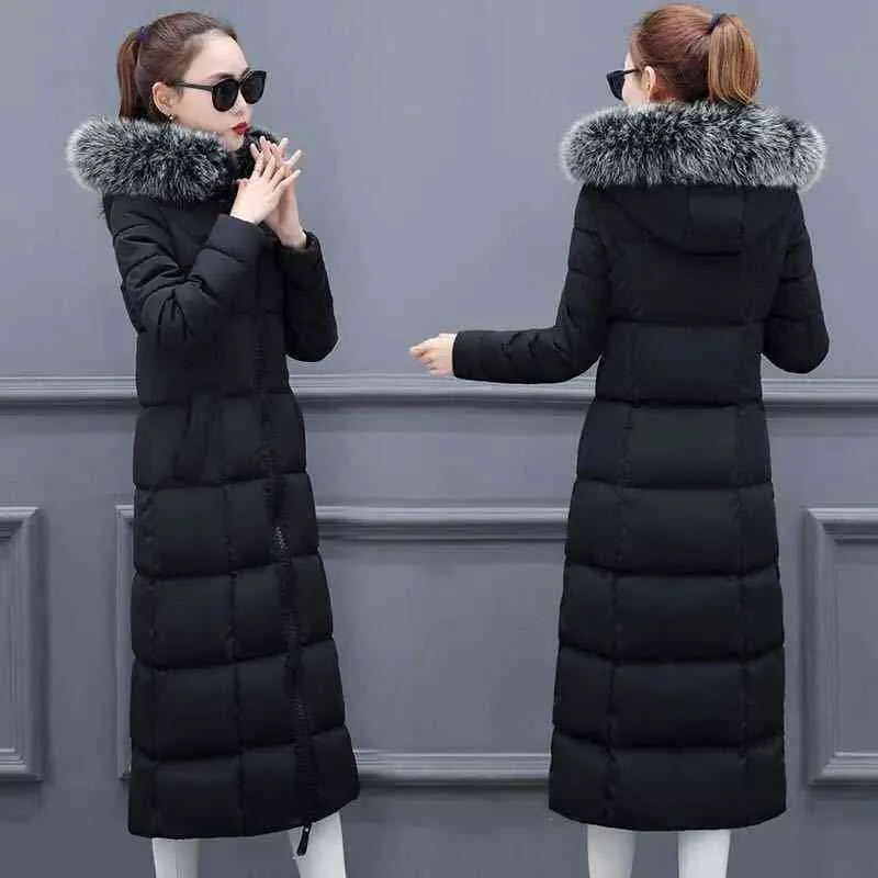 women winter bubble coats down long padded clothes solid color black winter jacket puffer warm thick parkas fur hooded 211130