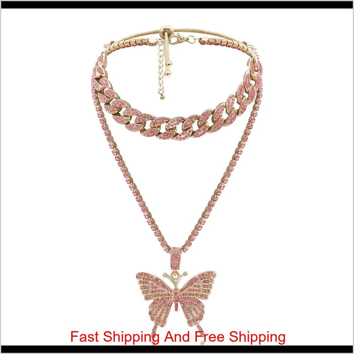 luxury women necklaces iced out cuban link chains butterfly pendant crystal rhinestone animal hip hop jewelry gold pink white k gun