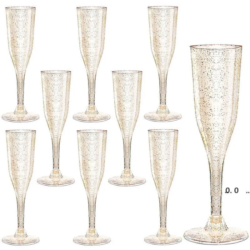 NEWGold Glitter Plastic Champagne Flutes Clear Plastic Toasting Goblet Disposable Wedding Party Cocktail Cups Wine Decoration EWE7587