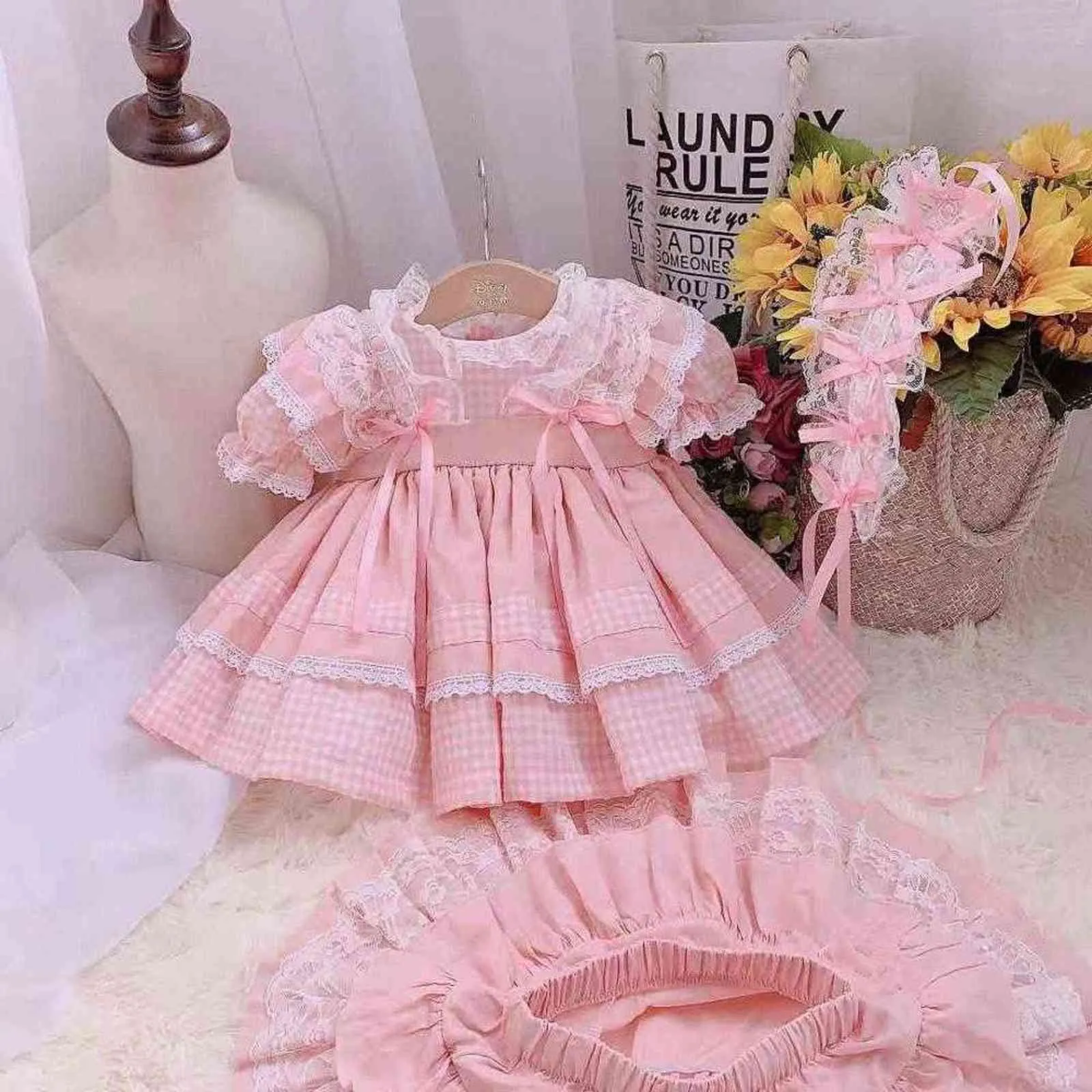 3PCS Baby Girl Primavera Estate Pink Plaid Turkey Vintage Spanish Lolita Princess Ball Gown Compleanno Pasqua Wedding Casual Dress G1129
