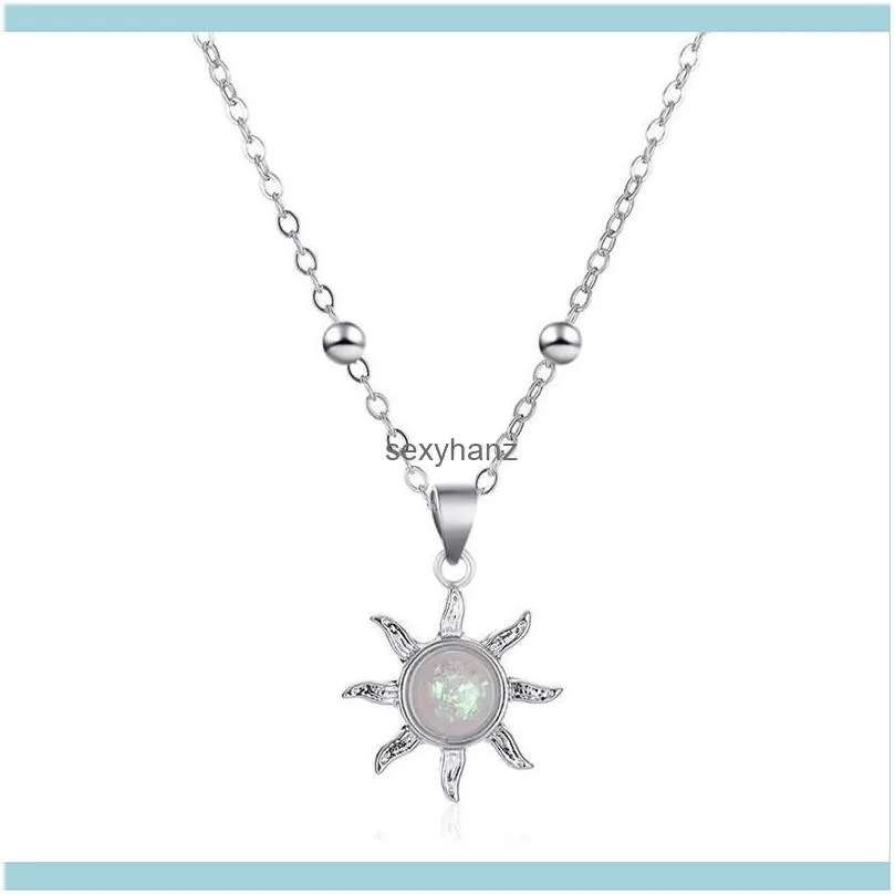 20pcs/Lot Korean New Opal Sun Pendant Necklaces Women Sunflower Beads Clavicle Chain Metal Gold Dressing V Necklaces Jewelry