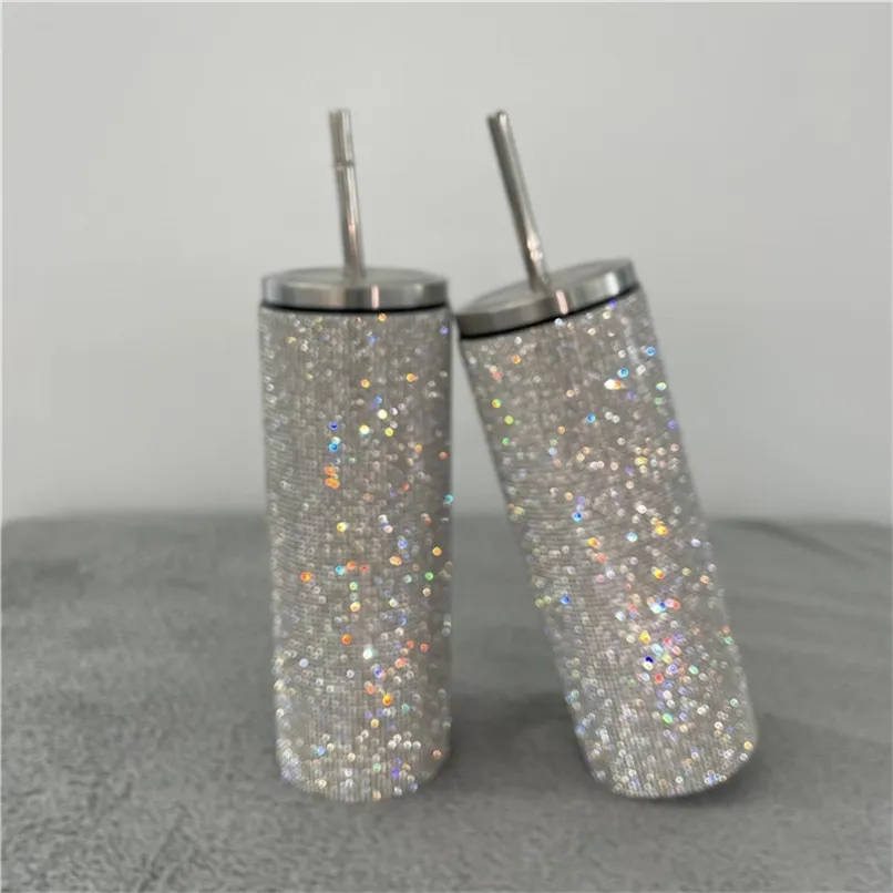 20 oz Bling Elmas Termos Şişe Kahve Fincanı Ile Saman Paslanmaz Çelik Su Şişesi Tumblers Kupa Kız Kadınlar Hediye 211020