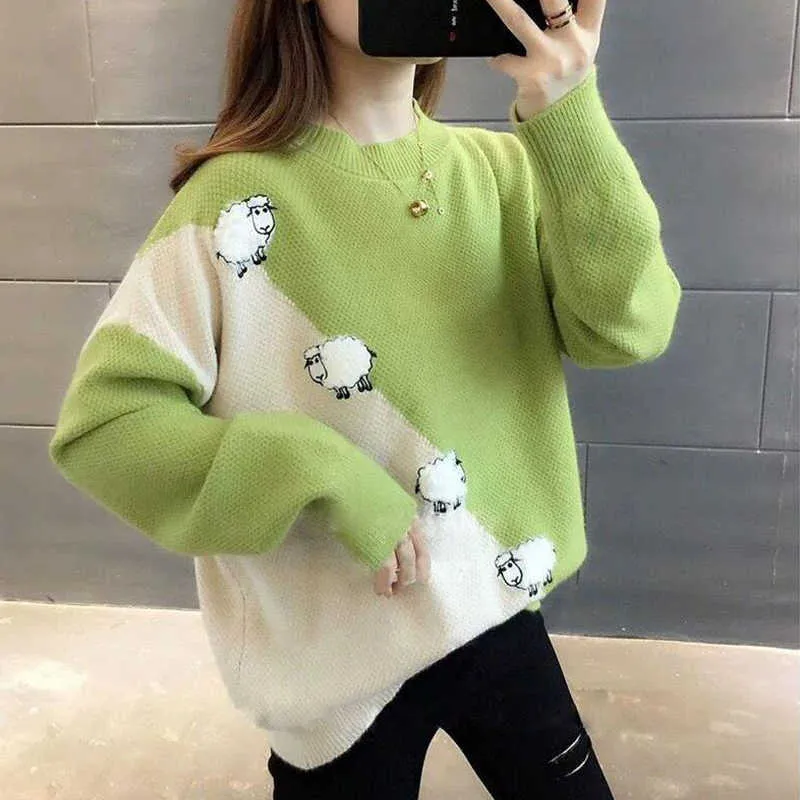 Słodkie owce wzór Luźny sweter sweter Kobiety 2020 Spadek Zima Koreańska Szkoła Kontrast Kolor Knit Jumper Kobieta Knitwear X0721