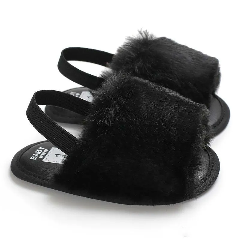 Baby Fur Sandals Baby Slippers Fashion Soft Leather Elastic Band Silicone Antiskid Shoe Kids Top Quality Solid Summer Shaggy Shoes