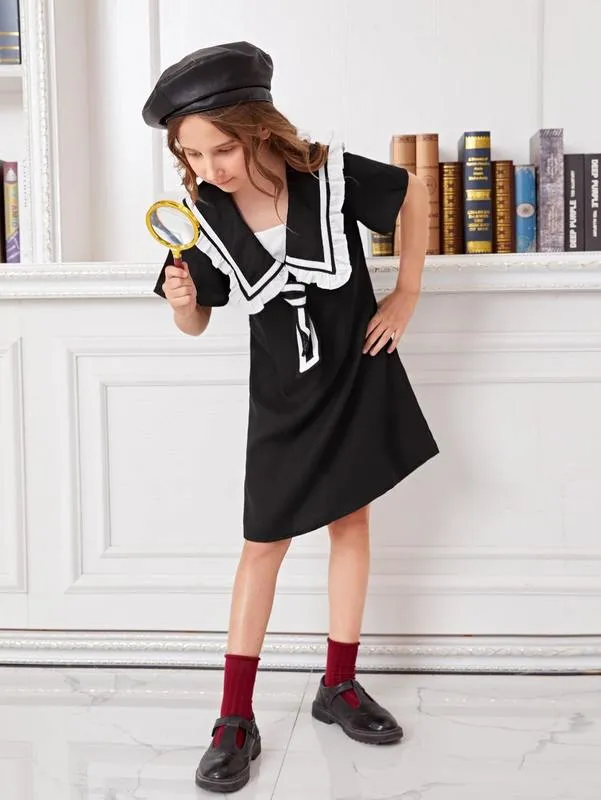 Girls Sailor Neck Tie Front Dress with Black Sailor Collar Knee Length  A-Line from Dhgate Girls Dresses - price 62.84
