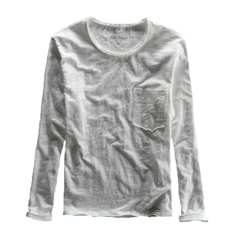 男性のための長袖のTシャツのためのカジュアルな基本的な綿TシャツソリッドカラーOネックプルオーバートップス男性春服210601