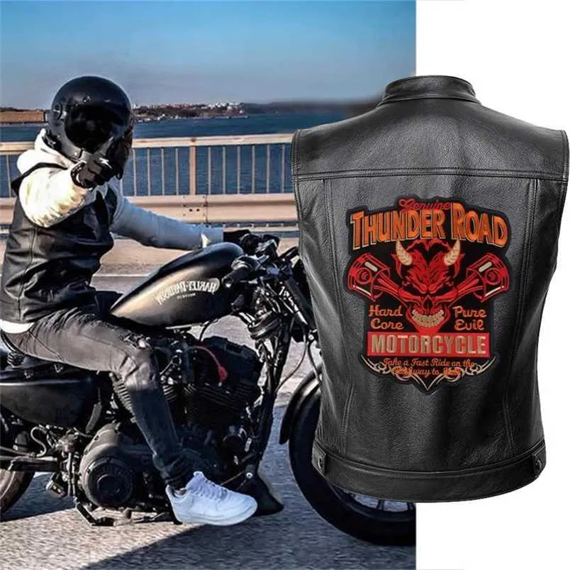 Thunder Road Men Biker Jackets Vest Solid Color Leather Jacket Punk Motorcycle Jacket Embroidery Jacket Short Coats 211118