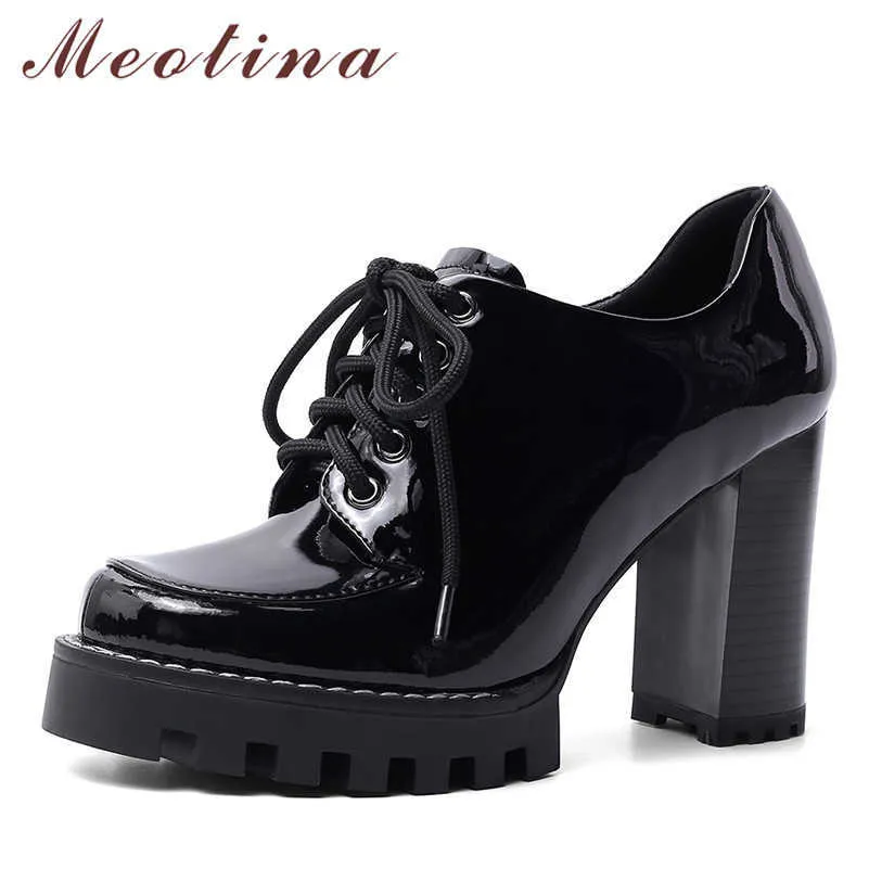 Meotina Platform Super High Heels Natural Genuine Leather Women Shoes Lace Up Chunky Heel Pumps Ladies Footwear Spring Black 40 210608