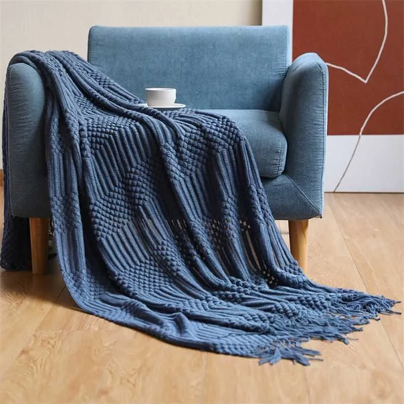 Inya Navy All Throw Blanket for Couch Sofa Bed Decorative Knitted Blanket with Tassels, Soft Lightweight Cozy Textured Blankets 211122