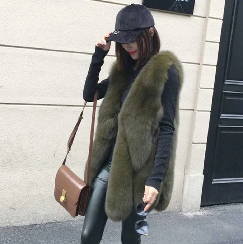 Long Faux Fur Vest Fluffy Jacket Plus Size Women Slim Fake Fur