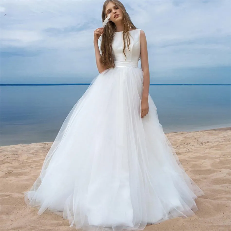 Простые летние пляжные свадебные платья 2021 Sexy Open Back белый тюль атласная бантика страна Boho свадебное платье длинные плюс размер свадебное платье Vestidos