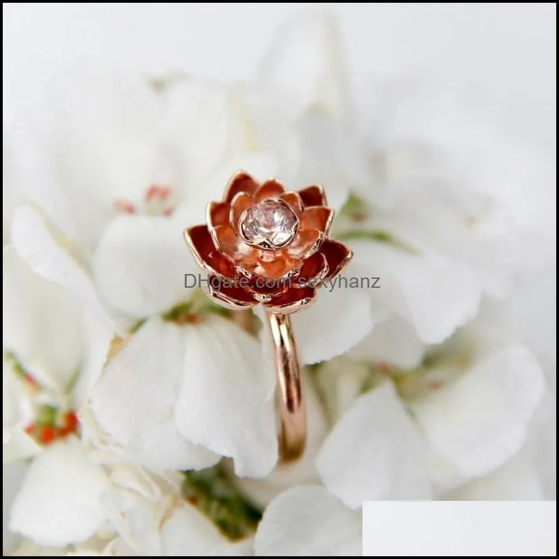 Bröllopsringar Smycken Delikat Vit Zircon Lotus Flower Engagement Ring Unika Crystal Rose Gold Förslag Kvinna Årsdag Drop Leverans 2