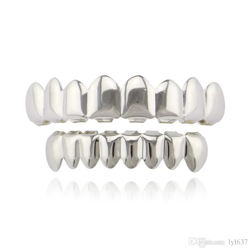 Hip Hop Glossy Copper Dental Grills Eight Teeth Gold-plated Long Braces Punk Women Men Party Jewelry Grills Set Wholesale 