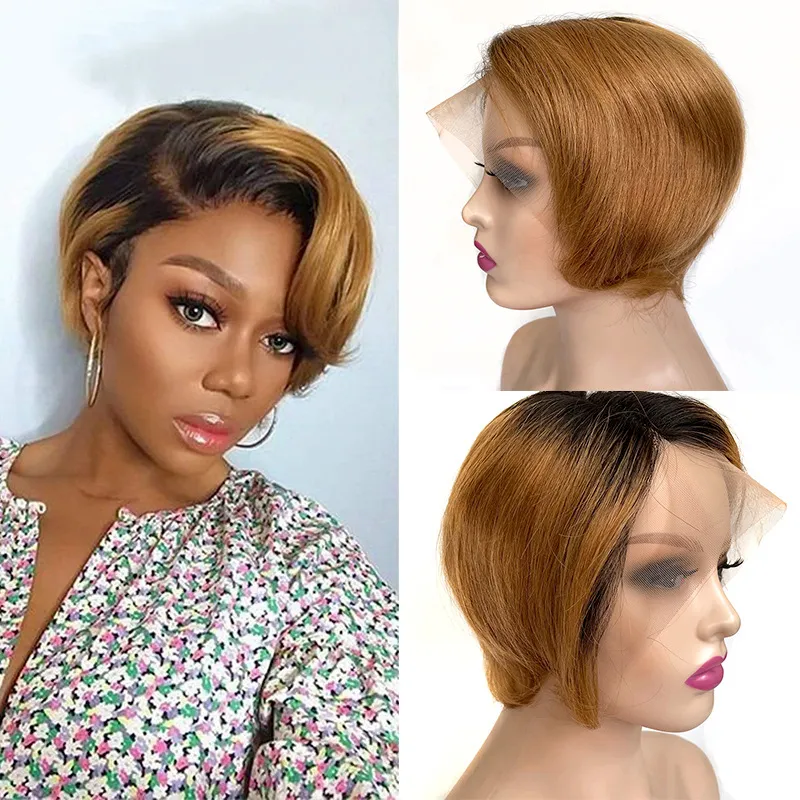 Short Human Hair T Part Lace Front Wig Wave Bobo Wigs Mix Colors Perruques De Cheveux Humains LS-A85