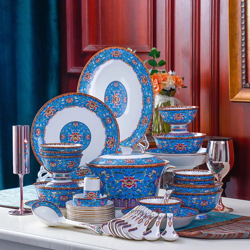 En gros De Luxe En Porcelaine Vaisselle Ensembles 60 Pcs Chinois Bleu  Classique Émail Dîner Assiettes Plats Pot Bol Cuillère