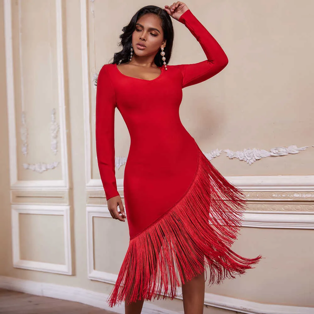Elegant Red Midi Dress Off Shoulder, Long Sleeve Tassel Bandage