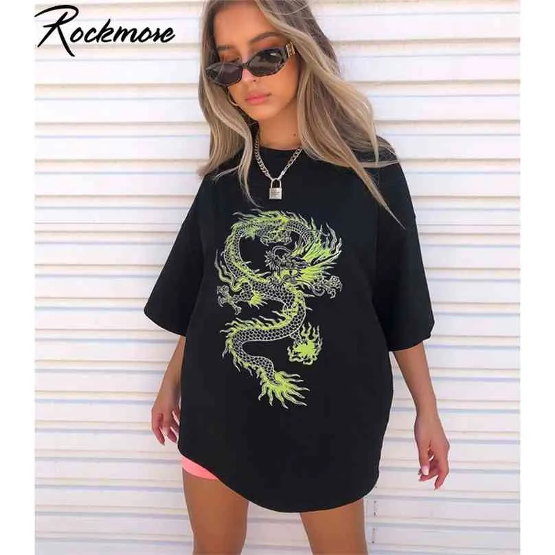 Rockmore Dragon Imprimer T-Shirt Femmes Plus La Taille À Manches Courtes Casual Streetwear Surdimensionné Longues Chemises De Base T-shirts Dames D'été 210720