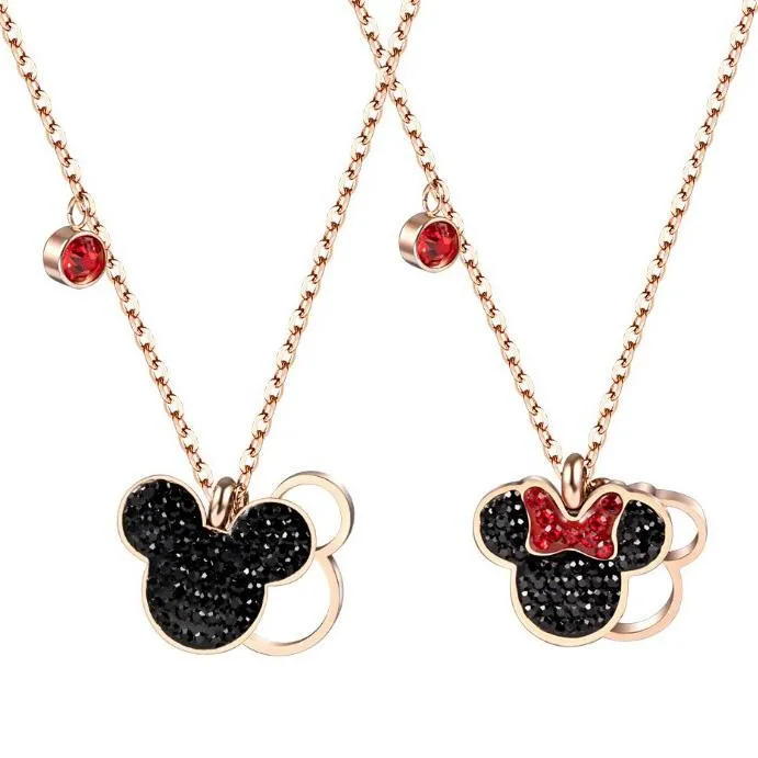 Earrings & Necklace Cute Mouse Women's Bow Crystals Pendant Charm Jewelry Sets 2021 Clavicle Chain Anime Accessories Wholesale