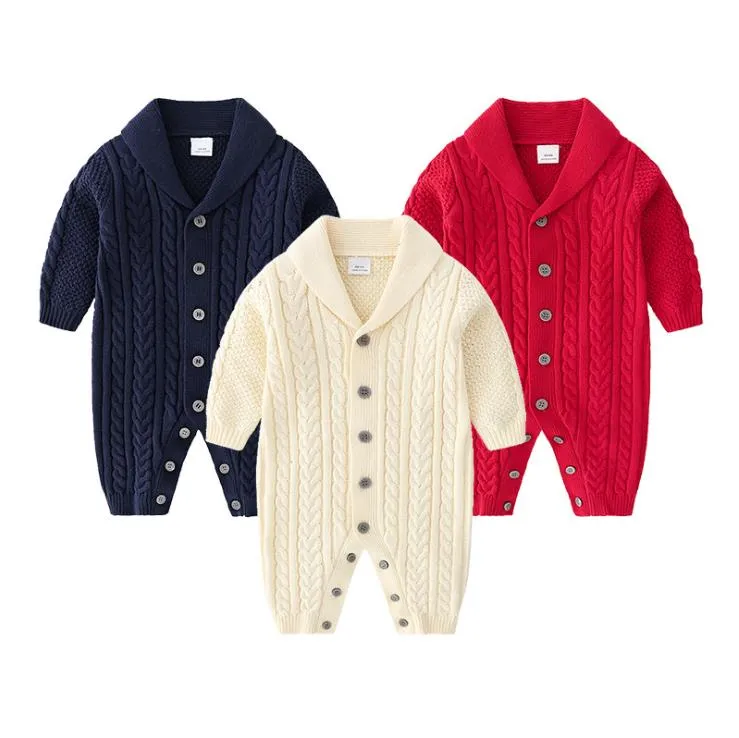 Bébé garçon vêtements simple boutonnage infantile tricoté barboteuses col rabattu nouveau-né garçons combinaisons solide chaud escalade vêtements 3 couleurs DW4654