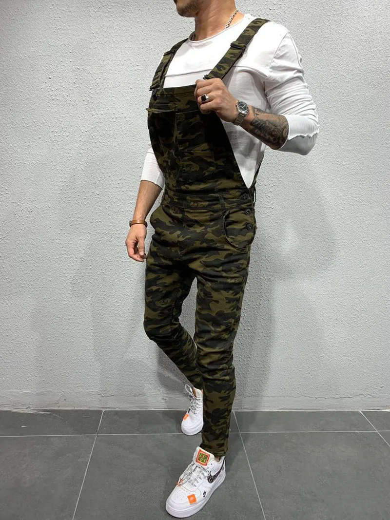 Herrlast denim pantcamouflage jeans jumpsuits hi street nödställda denim hakgängs overaller för man suspender byxor s - 3xl runt midjan