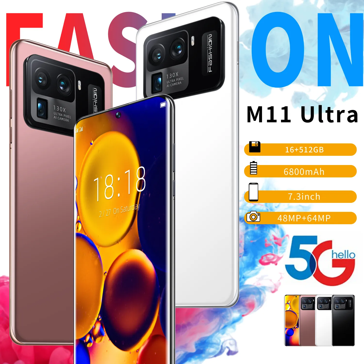 Nieuwe M11ULTRA mobiele telefoon 16 + 512GB Telefoon MTK6889 Andriod 11.0 10 Core 6800mAh grote batterij 48 + 64MP Smartphones 4G 5G LTE