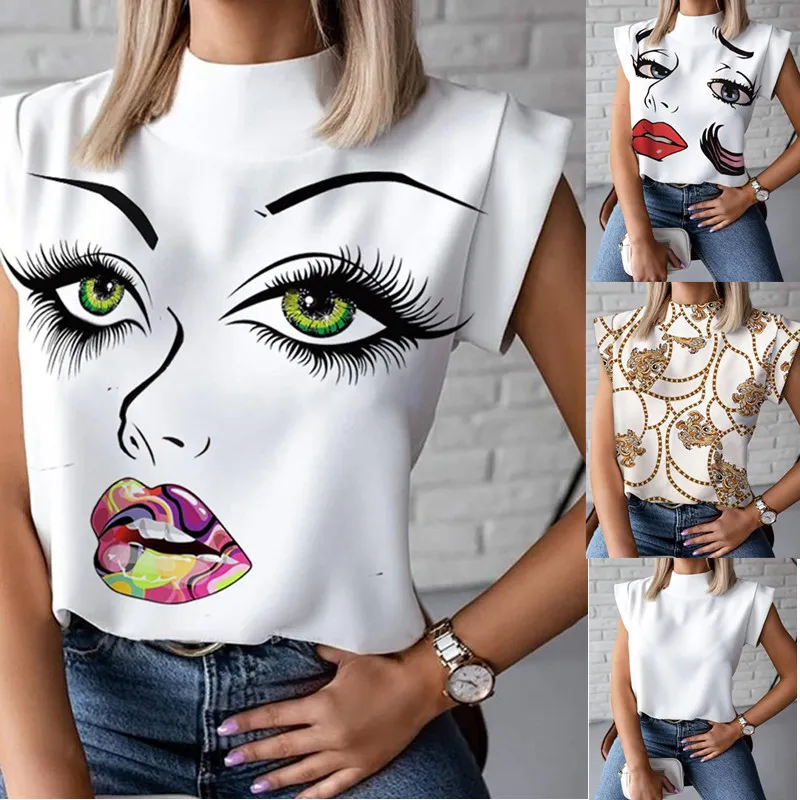 Women's Blouses Shirts Explosion style summer simple stand-up collar lip printing ladies shirt top clothing
