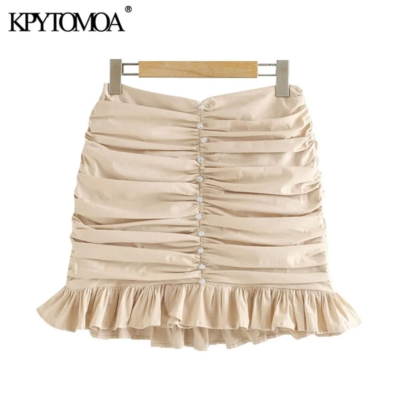 KPYTOMOA Femmes Chic Mode Appliques À Volants Plissé Mini Jupe Vintage Taille Haute Dos Fermeture À Glissière Femelle Jupes Mujer 210629