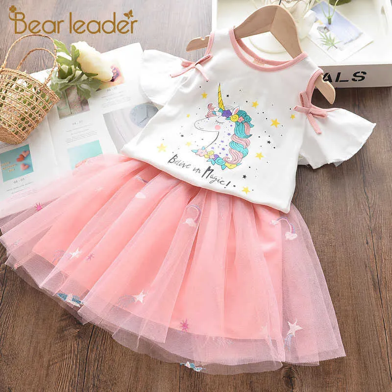 Bear Leader Girls Unicorn Dress Summer Cute Girl Kid Mesh Dress Cartoon Embroidery Vestidos Baby Suit Abbigliamento per bambini 210708