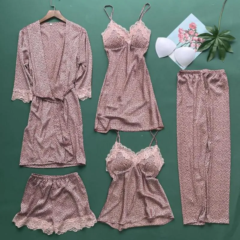 Satin lace trim 5pcs sleepwear sets online