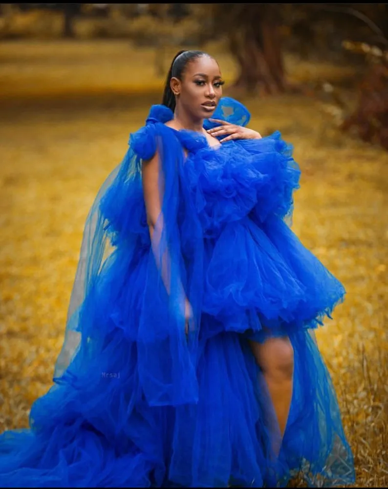 Illusion Royal Blue Bridal Sleepwear With Tiered Ruffles And Short