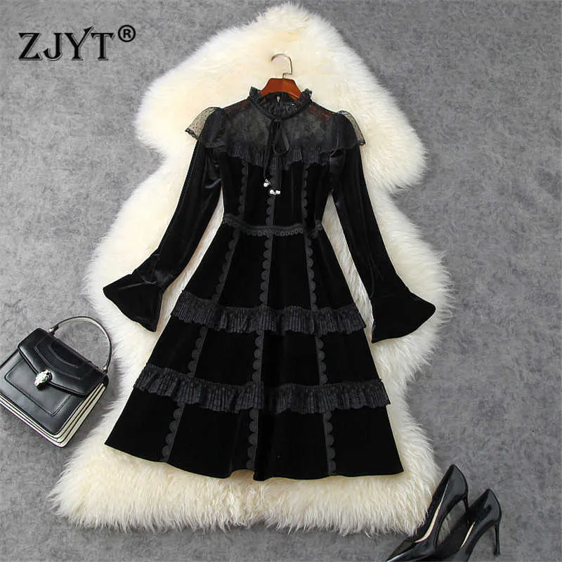 滑走路デザイナーファッション秋フレアスリーブレースパッチワークセクシーな黒いベルベットのドレスミニパーティーヴェスドス女性服210601