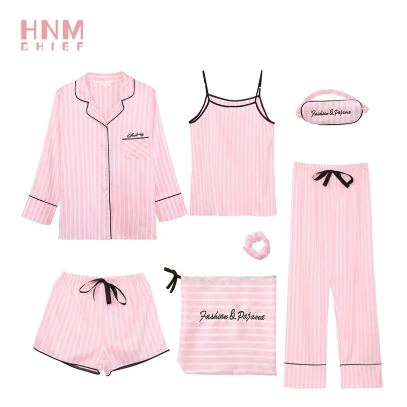 HNM Pink Stripe Print Pyjamas Set Silk Satin Homewear Kvinnors 7 stycken Sleepwear Set Pajama Kvinnor Vår Sommar Höst 210809