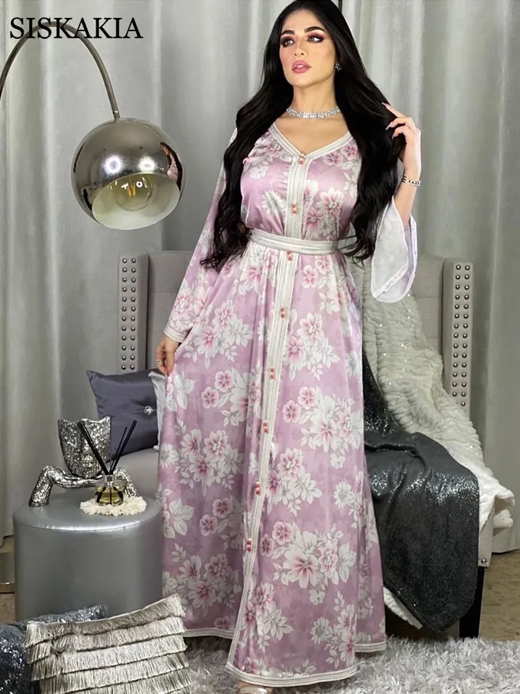 Siskakia manga comprida maxi vestido para mulheres doce azul rosa dubai abaya fita fita aparar v pescoço jalabiya queda muçulmana novo 210309