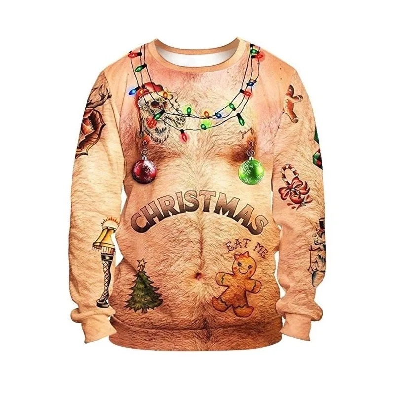 Unisex Spoof Ugly Christmas Sweater Vacation Santa Elf Grappige Kerst Nep Haar Jumper Holiday Party Hoodie Sweatshirt Tops 201026