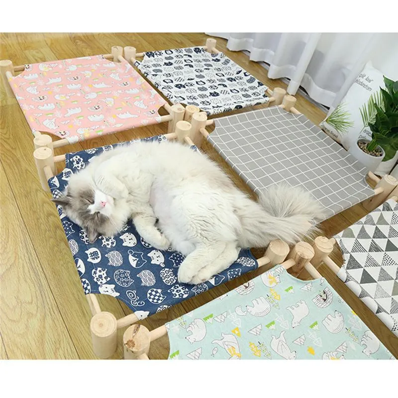 Lits pour chats meubles lit surélevé maison hamacs salon en toile de bois Durable pour petits chiens chats fournitures pour animaux de compagnie