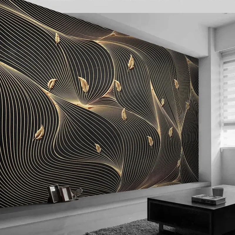 사용자 정의 3D 벽지 럭셔리 추상 라인 기하학적 황금 잎 벽화 거실 소파 TV 배경 홈 장식 종이 방수