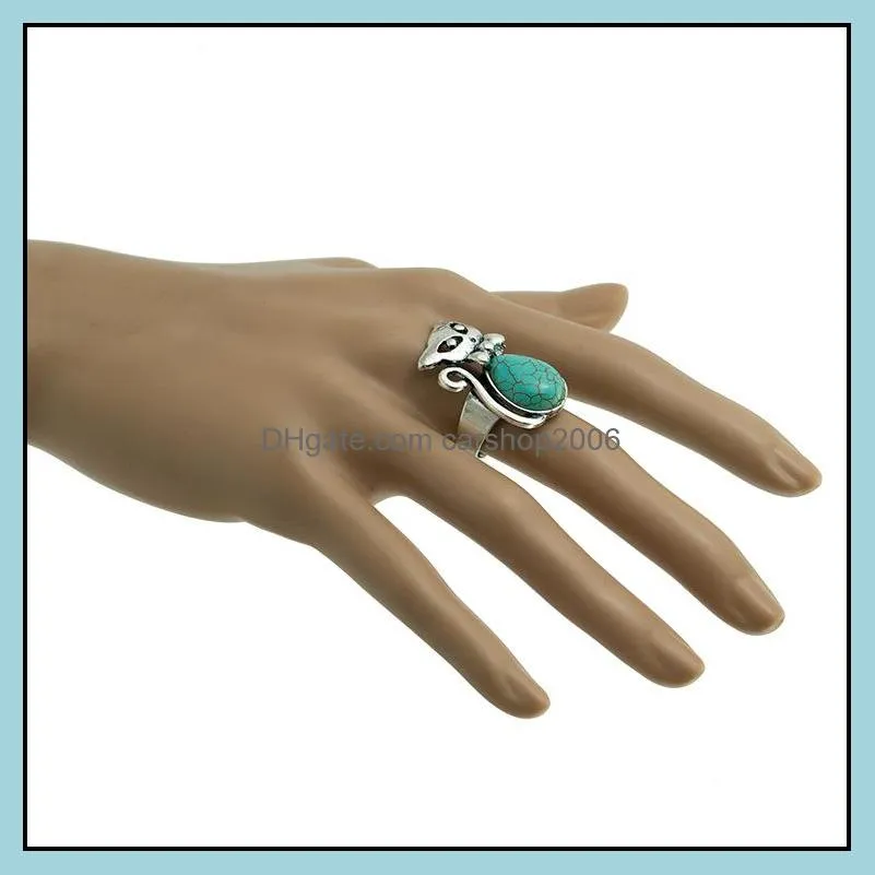 Europe and America ancient silver ring retro bow kitten shape turquoise turquoise ring fox female