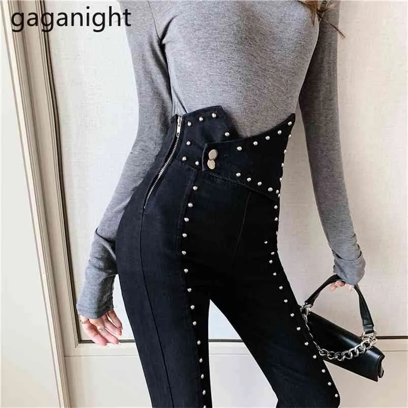 Весна осень мода твердые черные тощие высокие талии карандаш брюки женские молния полная длина тонкие дамы джинсы 210601