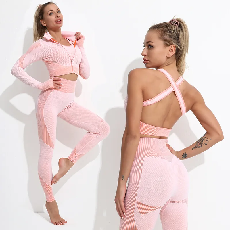 Nouveaux survêtements Femmes Vêtements de yoga Costume Pantalon long Veste de sport Chemises Manteau de soutien-gorge Survêtement Fitness Leggings Sport conçoit des vêtements Vêtements de sport ensemble décontracté actif mince