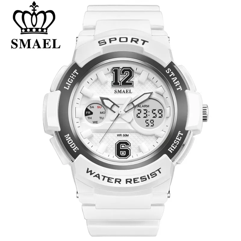 SMAEL White PU Watchband Women Dual Display Wristwatches Women's Quartz Watch Lady Fashion Watches 30M Waterproof Relojes Mujer 210310