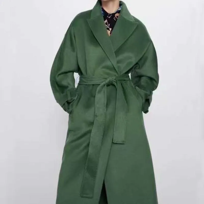 Misturas de lã feminina 2021 elegante casaco verde longo manga feminina bolso solto casacos chique jaqueta feminina inverno outono agasalhos