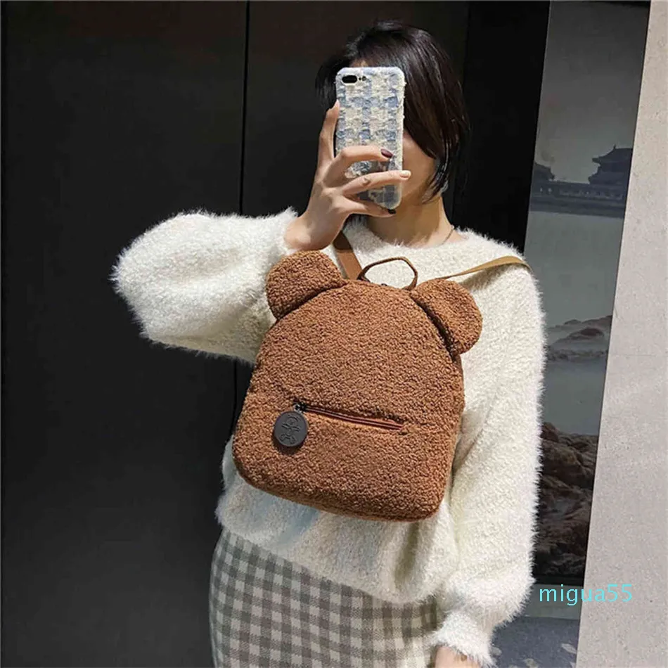 Mochila Estilo Portátil Crianças Viagem Shopping Rucksacks Casual Outono Inverno Lambo Fleece Feminina Bagpack Bonito Urso em forma de ombro