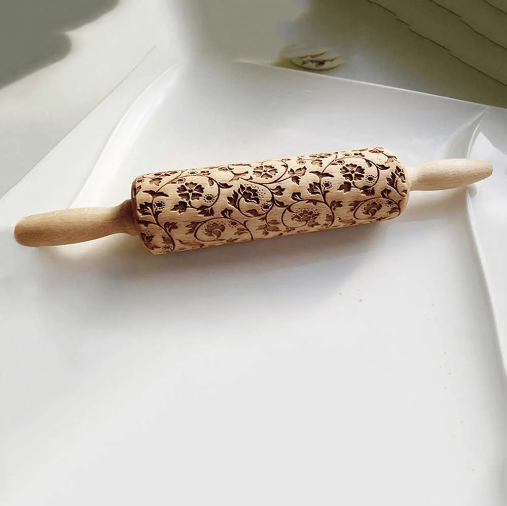 Rolling Pins Embossed Flower Beech Christmas Engraved Carved Embossed Rolling Pin Kitchen Tool Fashion Modern Nov27 211008