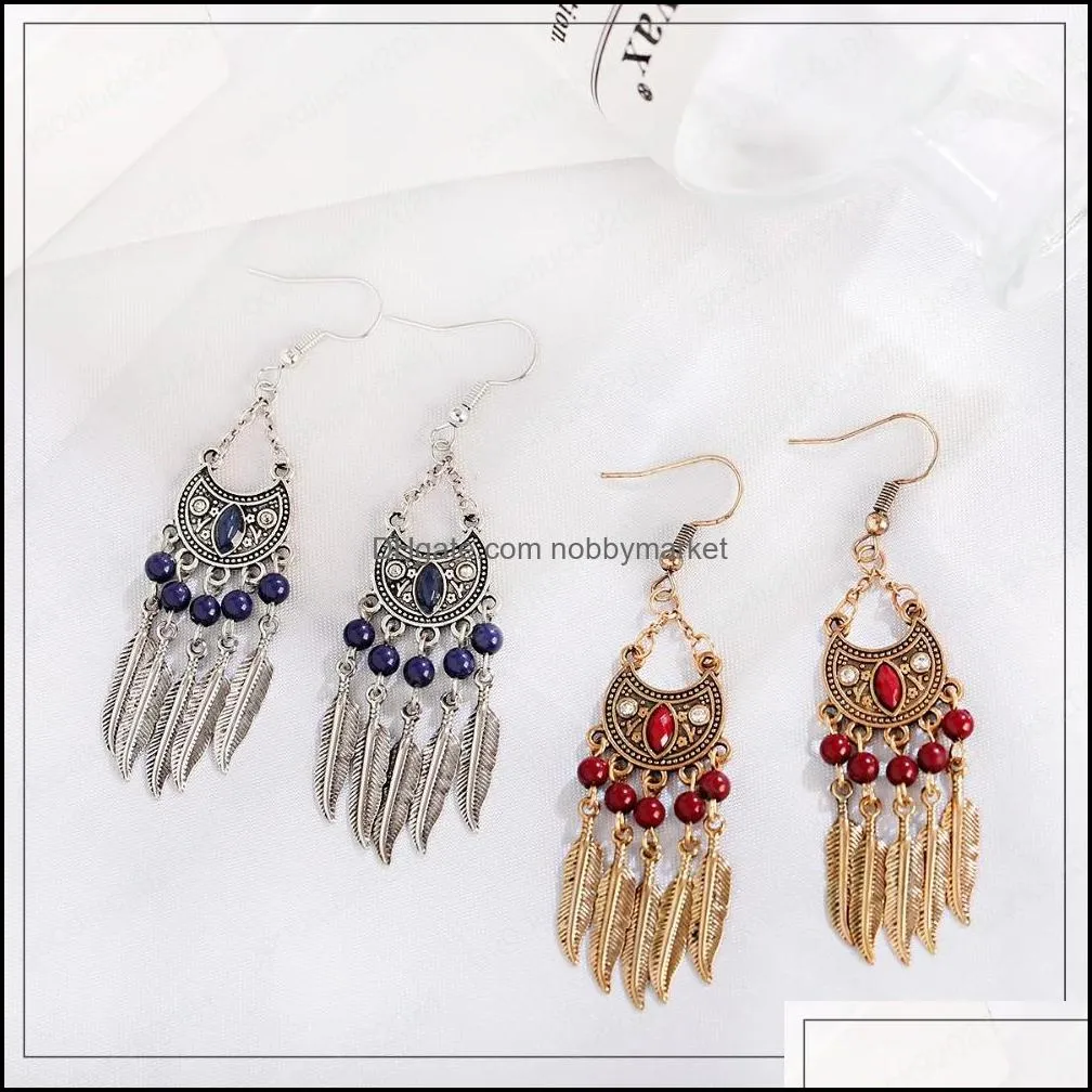 Gemstone Pendant Tassel Feather Dangle Earrings Bohemian Leaf Pendant Earrings 2020 Women Indian Jewelry