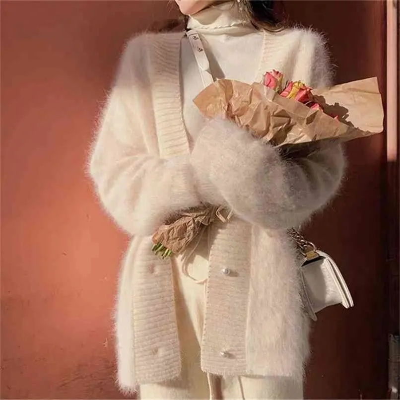 Kvinnor Höst Vinter Lös Mink Fleece Imitation Long Hair Cardigan Knitwear Coat Sweater 210914