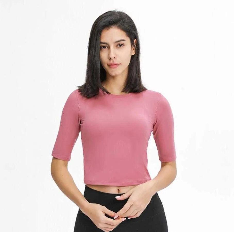L-021 yoga sport top women's slim fit running fitness short sleeve tops quick-drying training exercise clothes solid color workout gym t-shirt